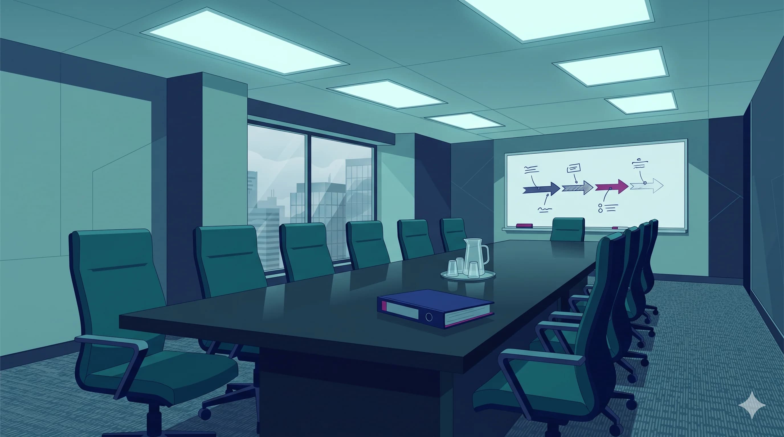 An empty corporate steering committee meeting room with a long table and fluorescent lighting, capturing the visual of bureaucratic delay.