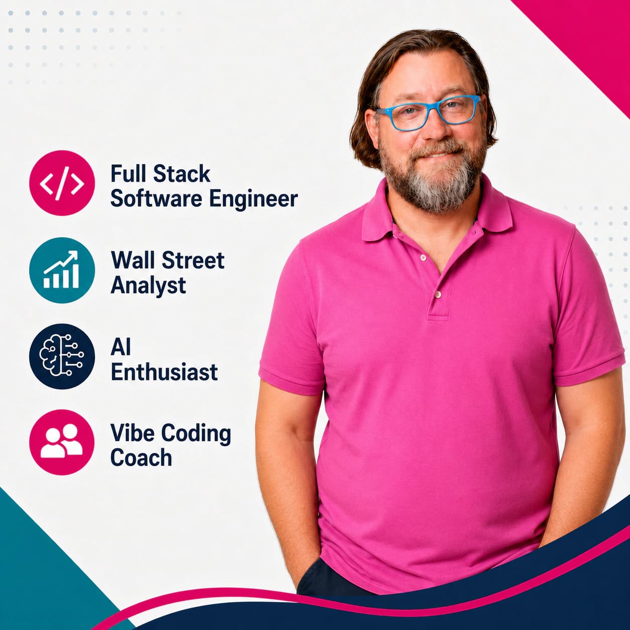Shane McGrath in a magenta polo and blue glasses, beside four labels: Full Stack Software Engineer, Wall Street Analyst, AI Enthusiast, and Vibe Coding Coach.