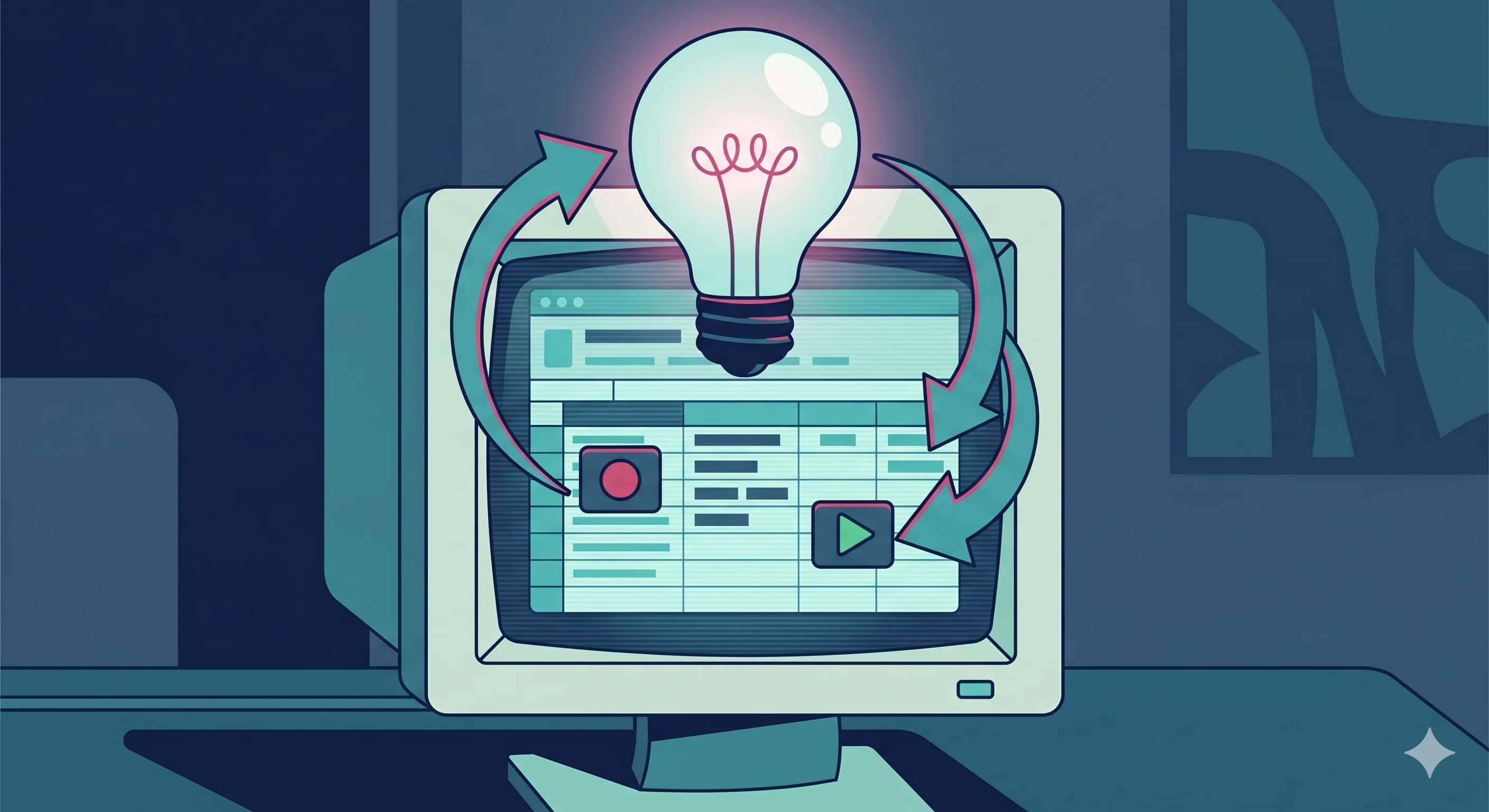 A lightbulb-moment graphic showing the macro record and playback concept, with a retro late-90s aesthetic that matches the era of the story.