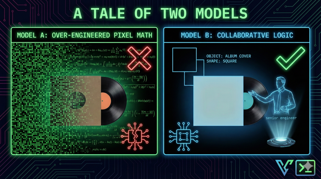 Split screen comparison showing ChatGPT's over-engineered pixel code failure versus Gemini's collaborative logic success for classifying vinyl records and album covers